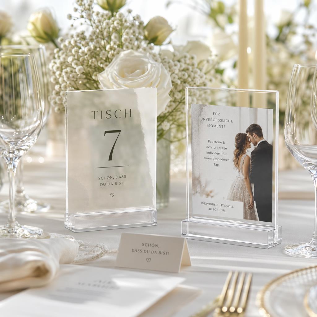Acryl Tischaufsteller und Hochzeitsaufsteller bedrucken lassen – UV-Druck auf Acryl von Baur Druck Friedberg