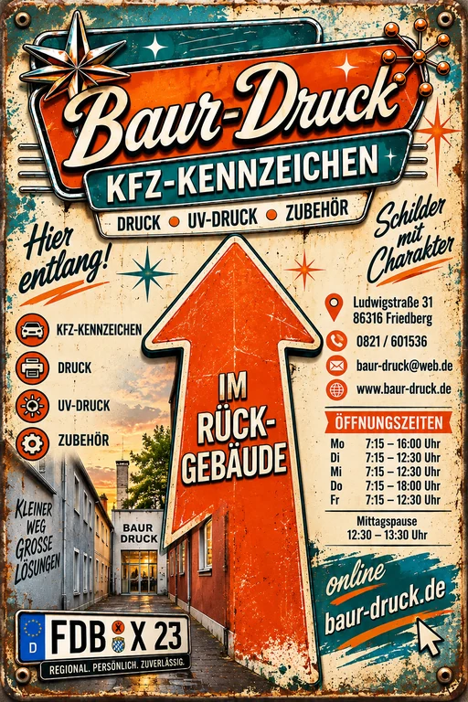 Unser Kundenstopper im Retro-Stil mit Wegweiser ins Rückgebäude.