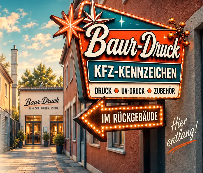 Illustrativer Innenhof mit beleuchtetem Baur-Druck-Schild und Wegweiser ins Rückgebäude