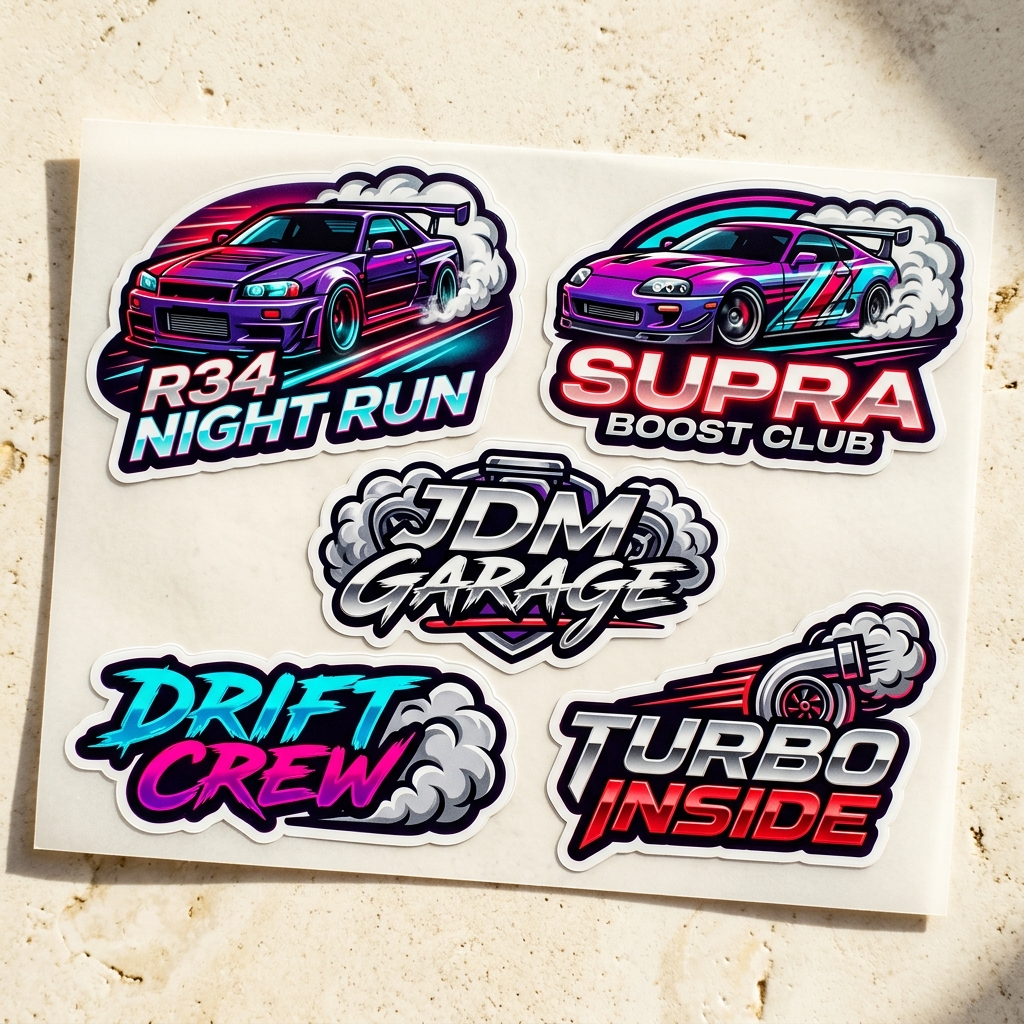 JDM UV-DTF Sticker Beispiele als echte Sticker mit R34 Night Run, Supra Boost Club, Drift Crew und Turbo Inside