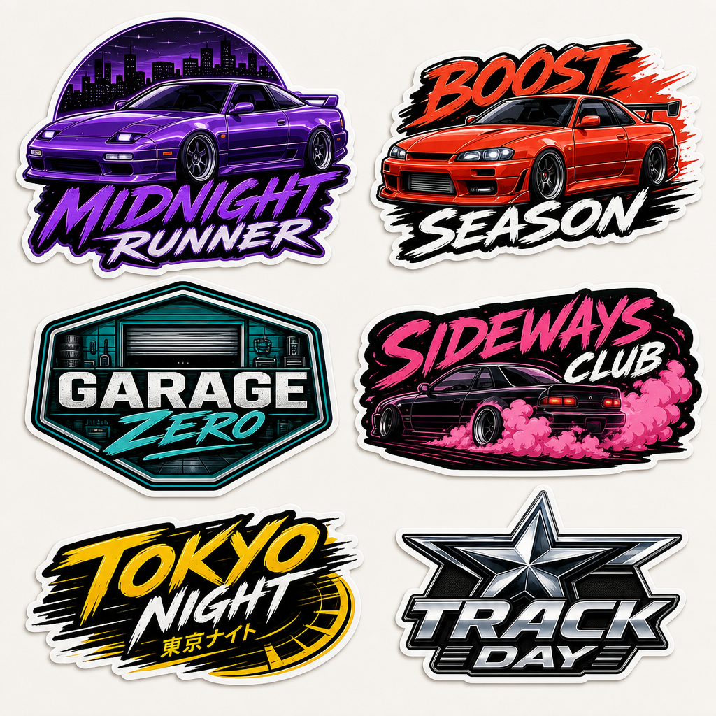 Stickerbogen mit JDM Automotive UV-DTF Sticker Beispielen für Baur Druck
